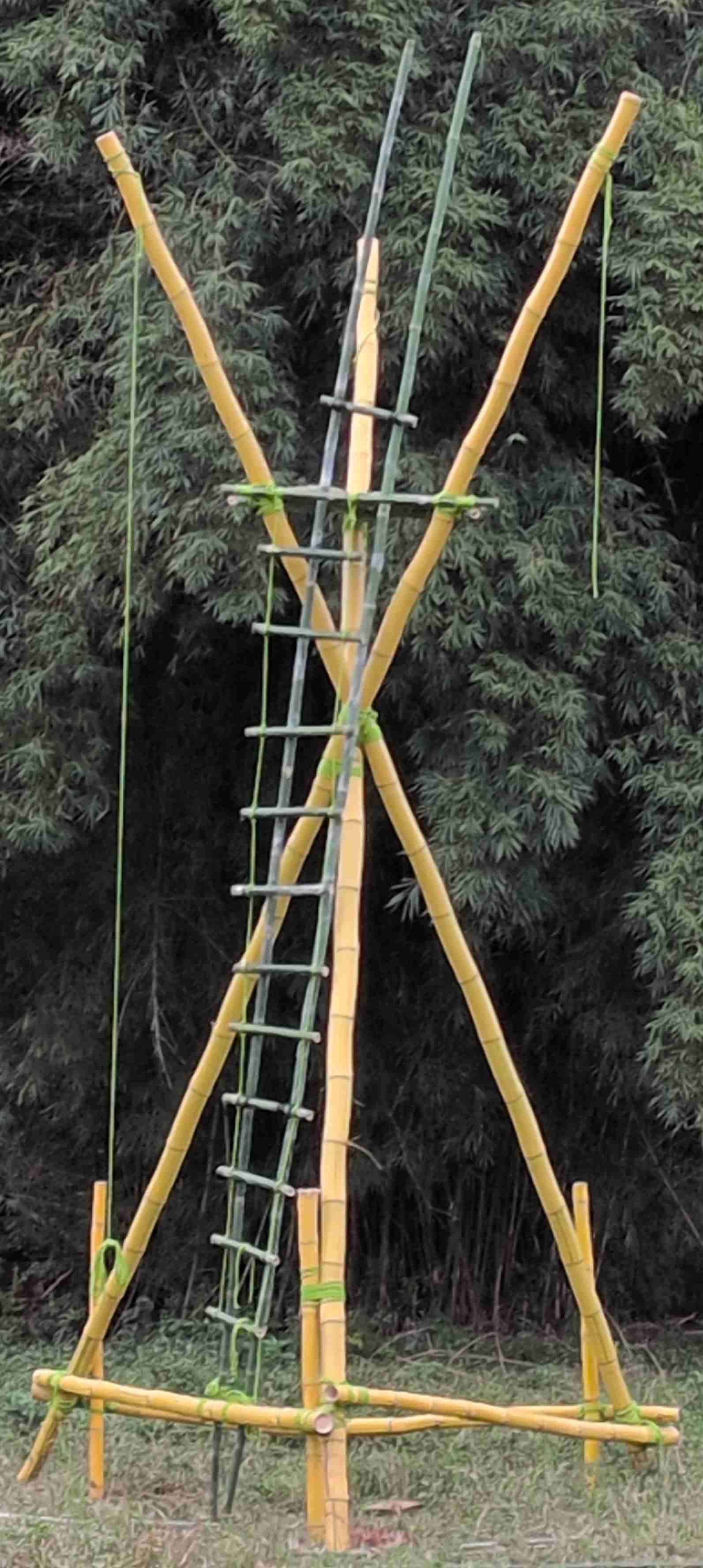 Initial attempt to stabilize the rope ladder and overview of tower up to this point